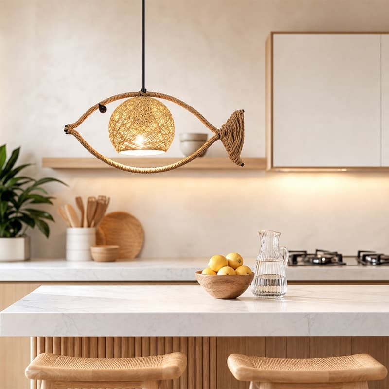 Pendente Forma Peixe Natural Cânhamo Trança Única Restaurante Sala Jantar Bar Luminaria Decorativa Lampu Gantung
