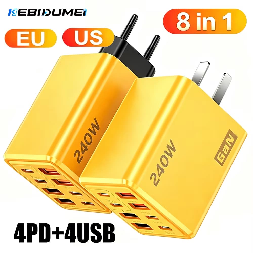 Carregador Rápido GaN De 8 Portas De 240 W , Estação De Carregamento Multiportas USB C PD QC3.0 Com Controle De Temperat