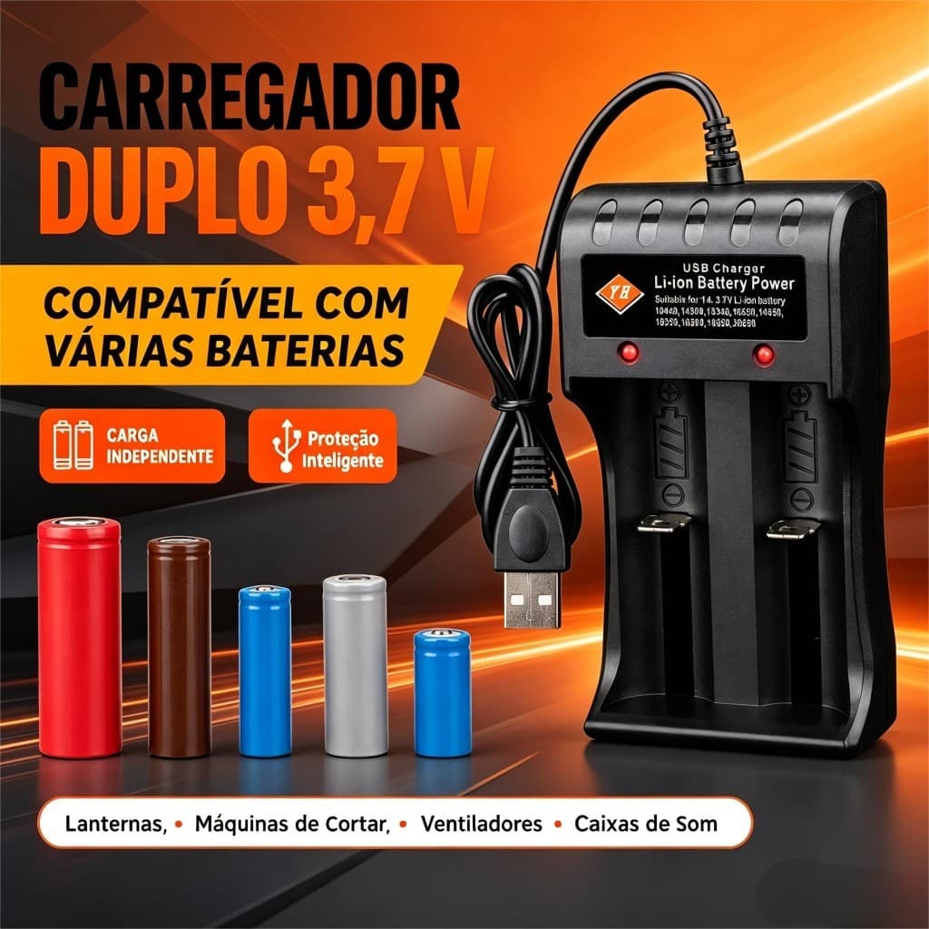Carregador Inteligente USB para Bateria Cilíndrica Lítio 18650 26650 Proteção Contra Sobrecarga e Curto‑circuito