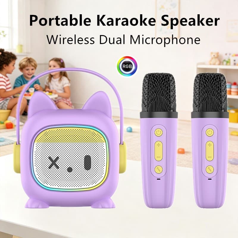 Mini Karaokê Microfone Alto-Falante Bluetooth Sem Fio Duplo RGB LED Luz Portátil