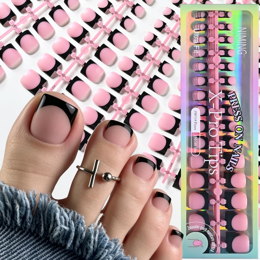 150 Peças De Unhas Quadradas Francesas Com Bordas Pretas Rosa Nuas , Foscas Em Caixa , Falsas Removíveis