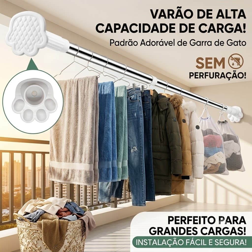 Varão de Secagem de Roupas Ajustável, Varão de Cortina Sem Perfuração,70-120 90-160 110-200 150-280cm Ajustável