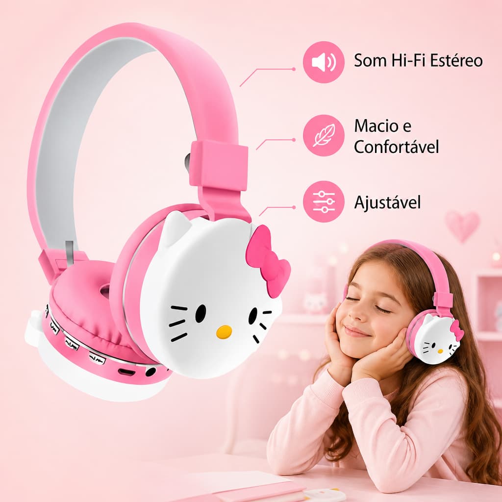 Headphone Fone de Ouvido Infantil Bluetooth Hello Kitty Sem Fio Alta Fidelidade Estéreo