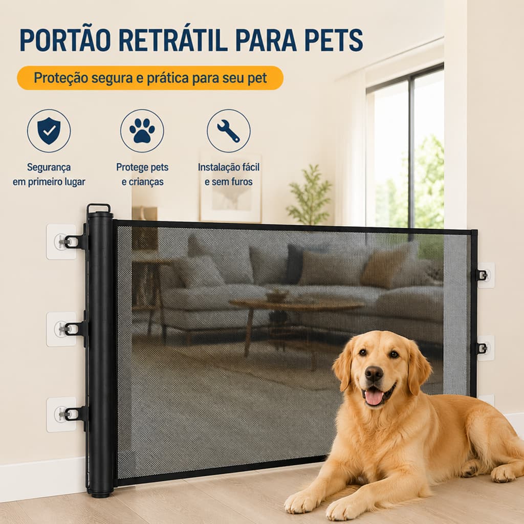 Barreira Retrátil para Pets e Bebês Tela de Segurança Portão Ajustável Anti-Fuga Sem Furos