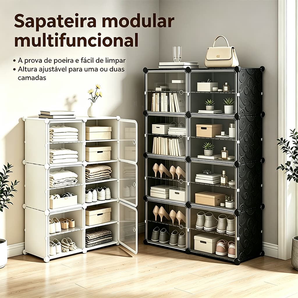 Sapateira Dupla Modular Ajustável Organizador Transparentes Tênis Roupas Com Divisórias Removíveis