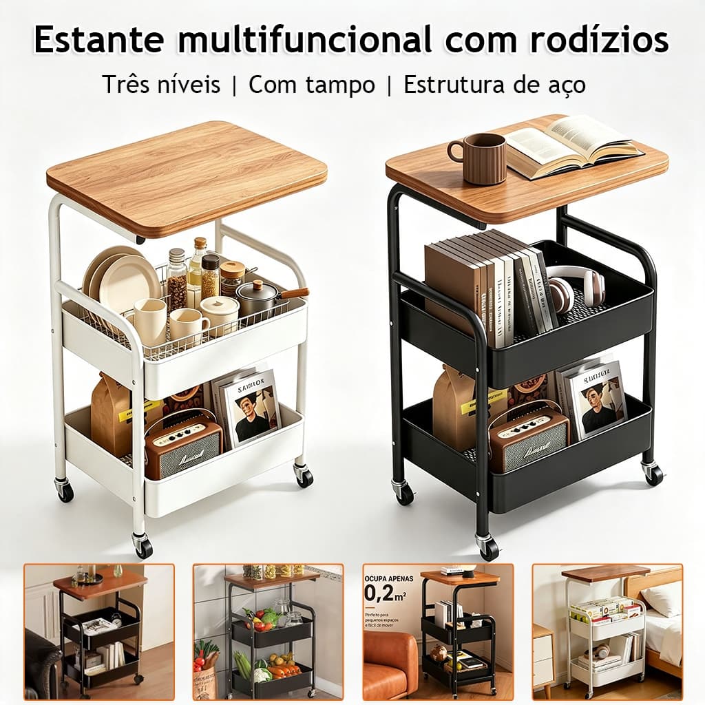Carrinho De Rodas 360° 3 Andares Multiuso Estante Organizadora Estrutura De Aço Resistente Para Casa