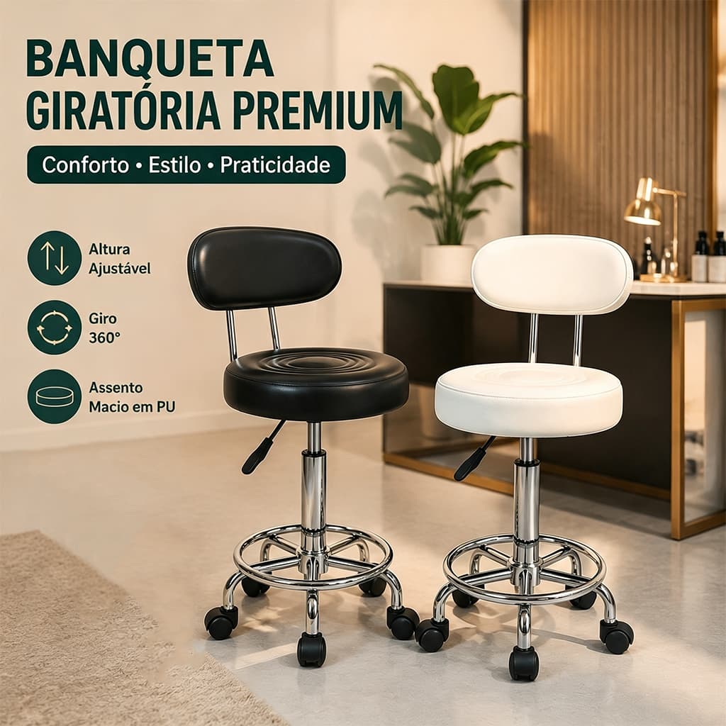 Cadeira Mocho Giratória c/ Encosto Estética Manicure Massagista Ergonômica Plus