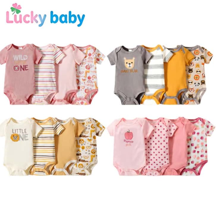 Lucky Baby Kit 4 Bodies Manga Curta Bebê Verão Recém-Nascido Unissex Macio e Confortável 0–9 Meses Estampas Fofas