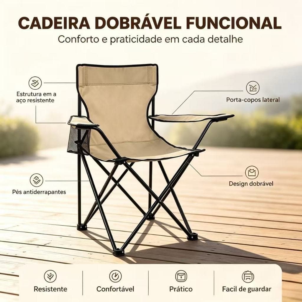 Cadeira Dobrável para Camping Praia Jardim Cadeira Portátil com Porta-Copos Lateral Tecido Oxford Resistente