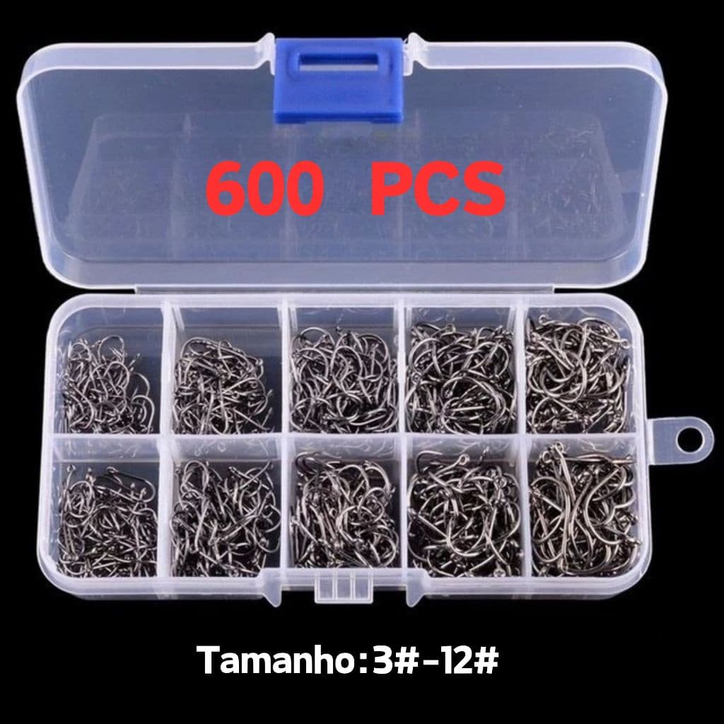 Kit Pesca: 600 Anzóis nos Tamanhos 3 ao 12 com Estojo de Armazenamento