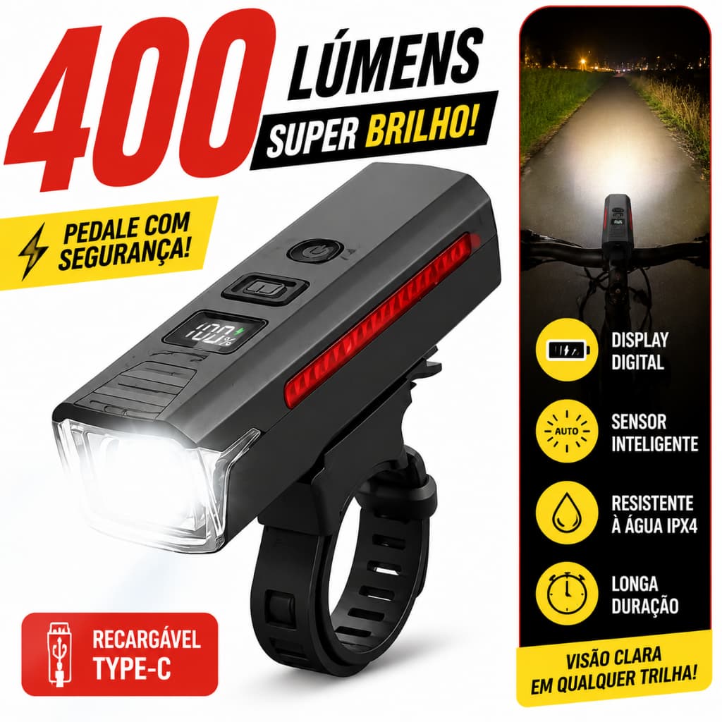 Farol de Bicicleta LED Potente USB Recarregável Indicador de Bateria Digital Luz Noturna MTB