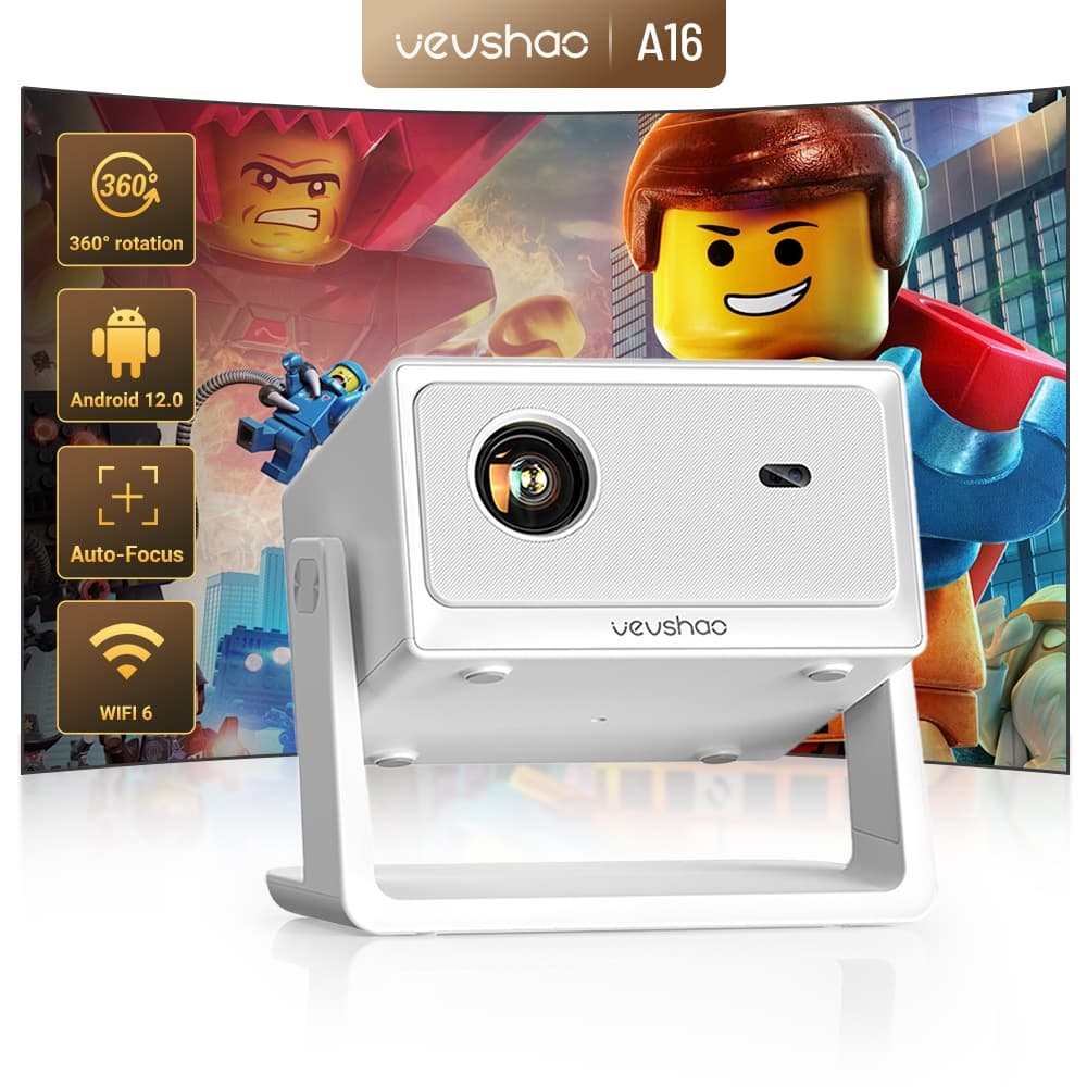 Projetor VEVSHAO A16 4K Full HD 1080P Foco Automático WiFi 6 360° Suporte Portátil