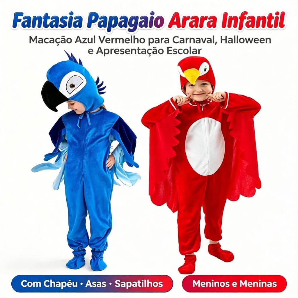 Traje de Papagaio Infantil Macacão Com Acessórios Roupa de Animal para Carnaval e Halloween Menino Menina