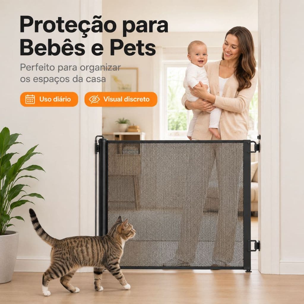 Portão Tela Segurança Automático Bebês Pets Retrátil Cercadinho Porta Grade Escada