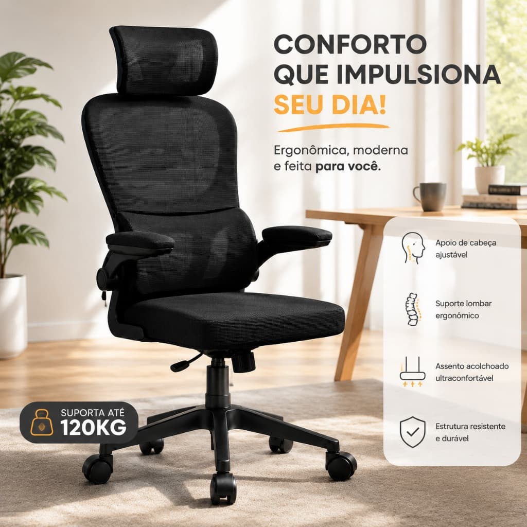 Cadeira de Escritório Ergonômica Com Apoio Lombar e Apoio de Cabeça com estofado de mesh