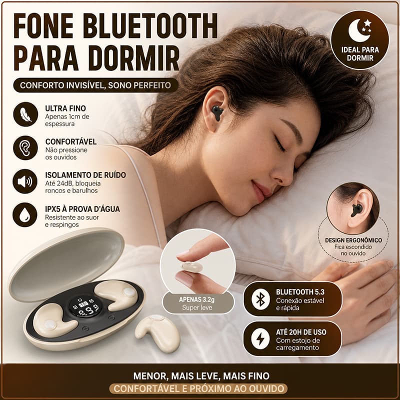 Mini Fone De Ouvido Sem Fio Para Dormir Bluetooth 5.3 TWS IPX5 À Prova D'água Com Microfone