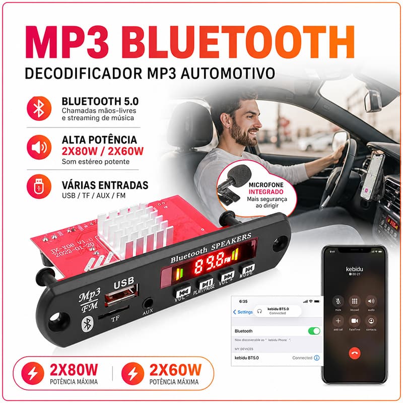 Amplificador De 160W Placa Decodificadora MP3 Bluetooth 12V DIY MP3 Player Carro Módulo De Rádio FM TF USB Microfone