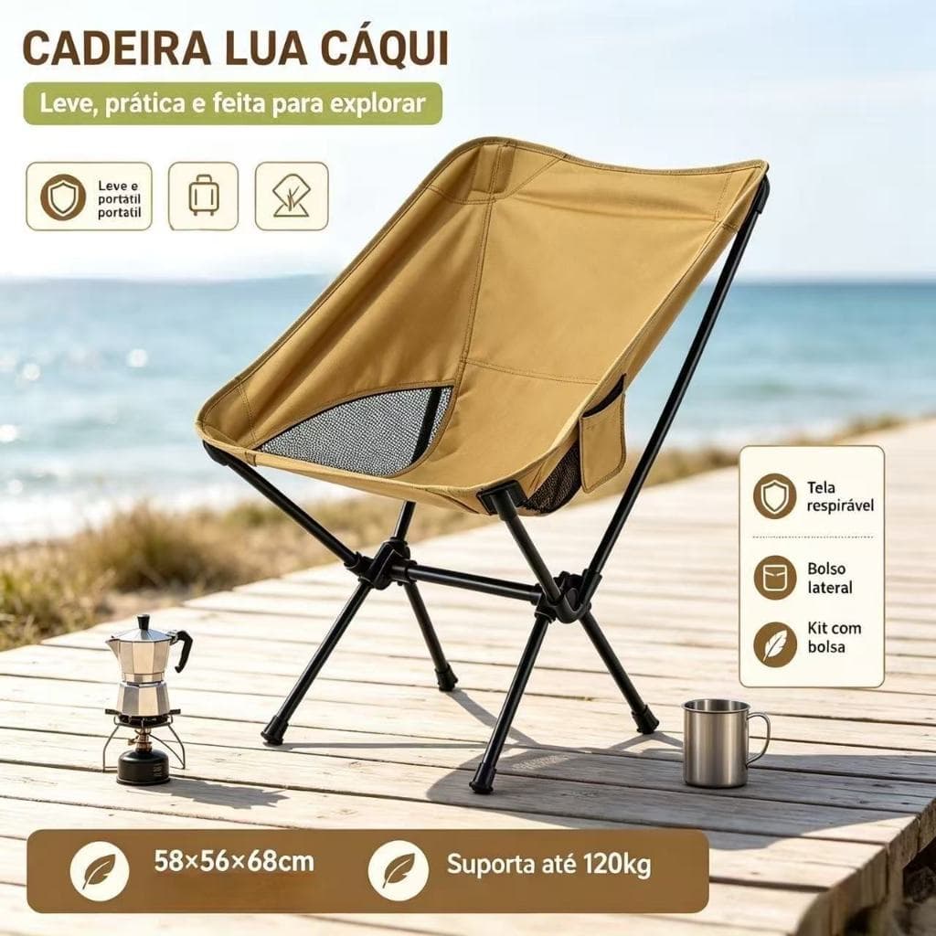 Cadeira Lua Dobrável Portátil Cadeira de Camping Respirável com Bolso Lateral e Bolsa de Transporte
