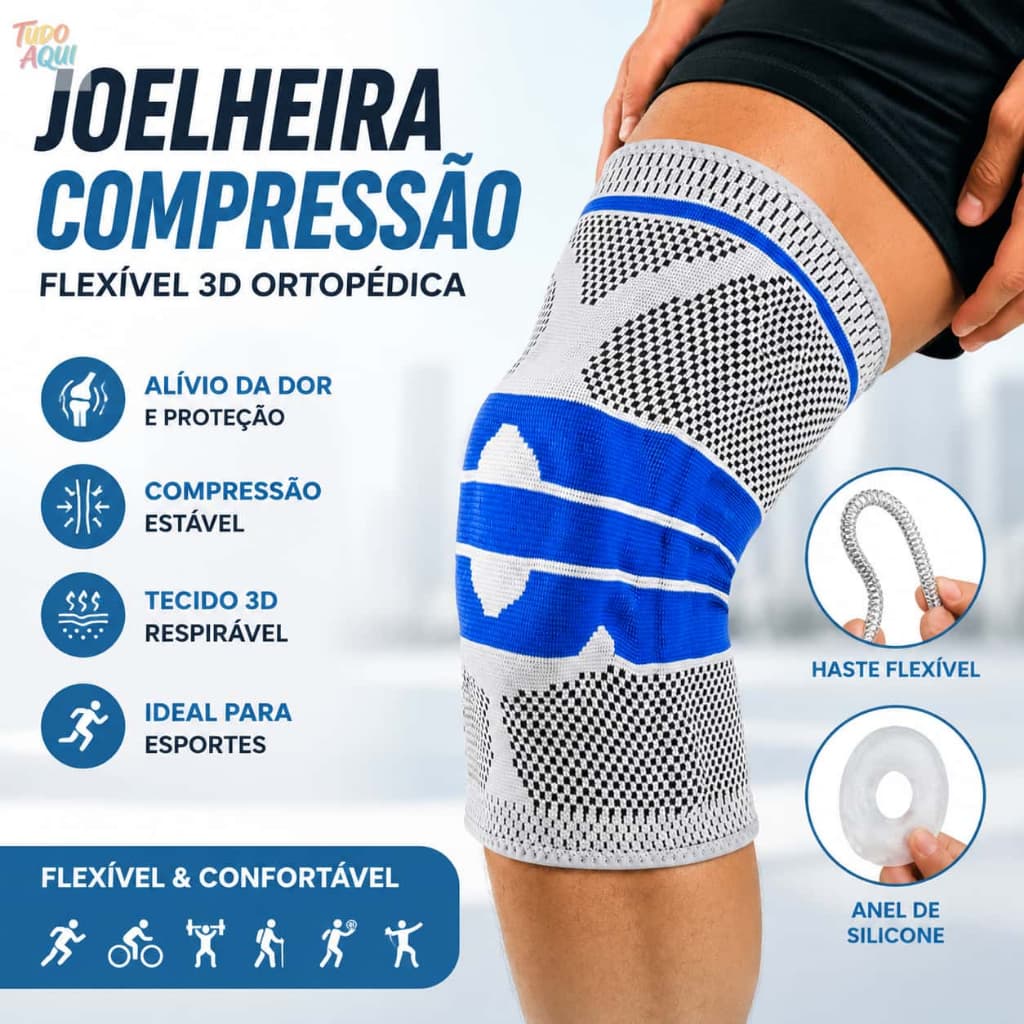 Joelheira Compressão Flexivel 3D Ortopedica Esportiva Anel e Haste Flexivel Treino Alívio Dor Joelho