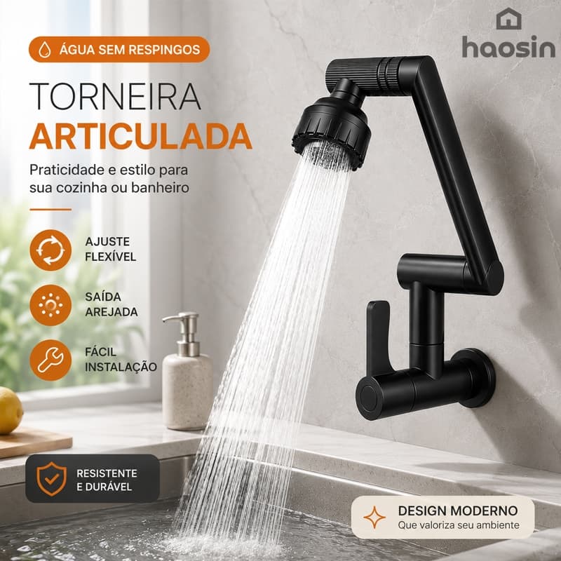 Torneira de Braço Robótico 1080° com Aerador Dois Modos para Cozinha Banheiro e Chuveiro