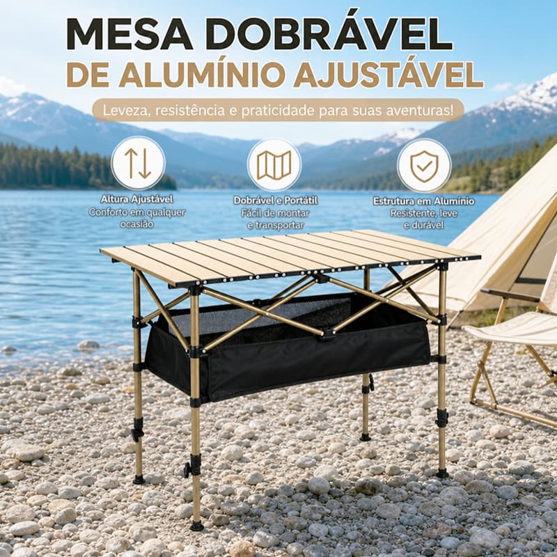 Mesa de Churrasco e Praia Dobrável 120x55cm Alumínio, Ultraleve Impermeável com Bolsa de Transporte para Camping
