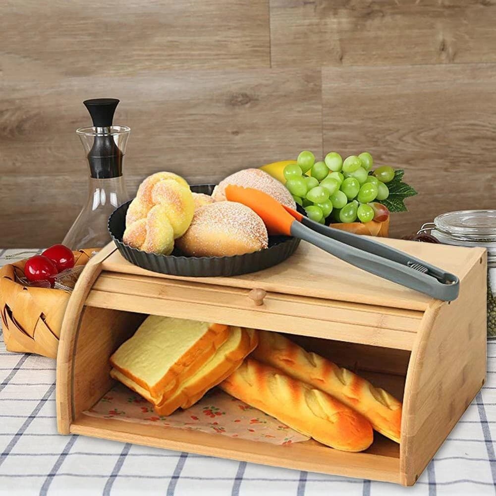 Porta Pão Bambu Com Tampa Retrátil 38X27X16CM Perfeita Para Armazenar Pães Bolachas Resistente
