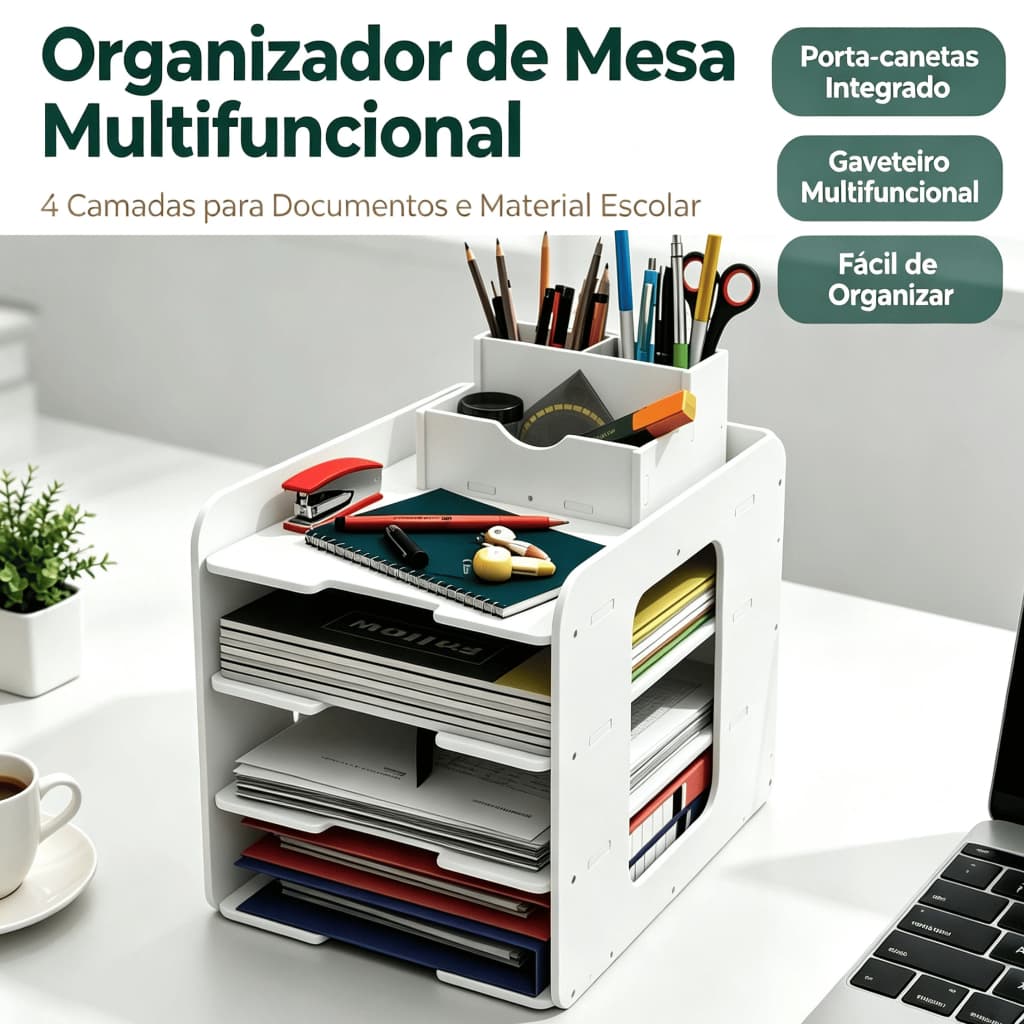 4 Camadas Suporte de Mesa Organizador para Armazenamento de Porta-canetas Documentos em Escritórios e Home Office