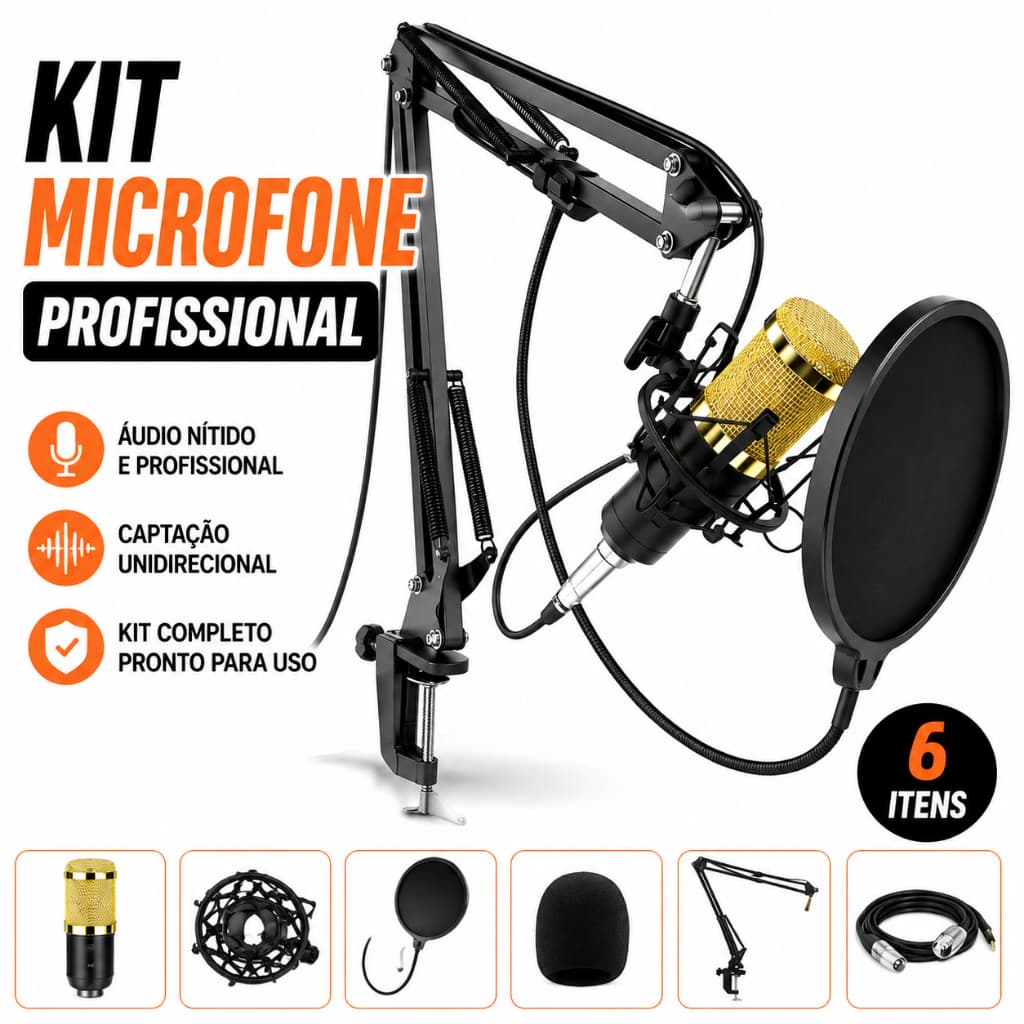 Kit Microfone Condensador Profissional Estúdio de Mesa para Criador Podcaster
