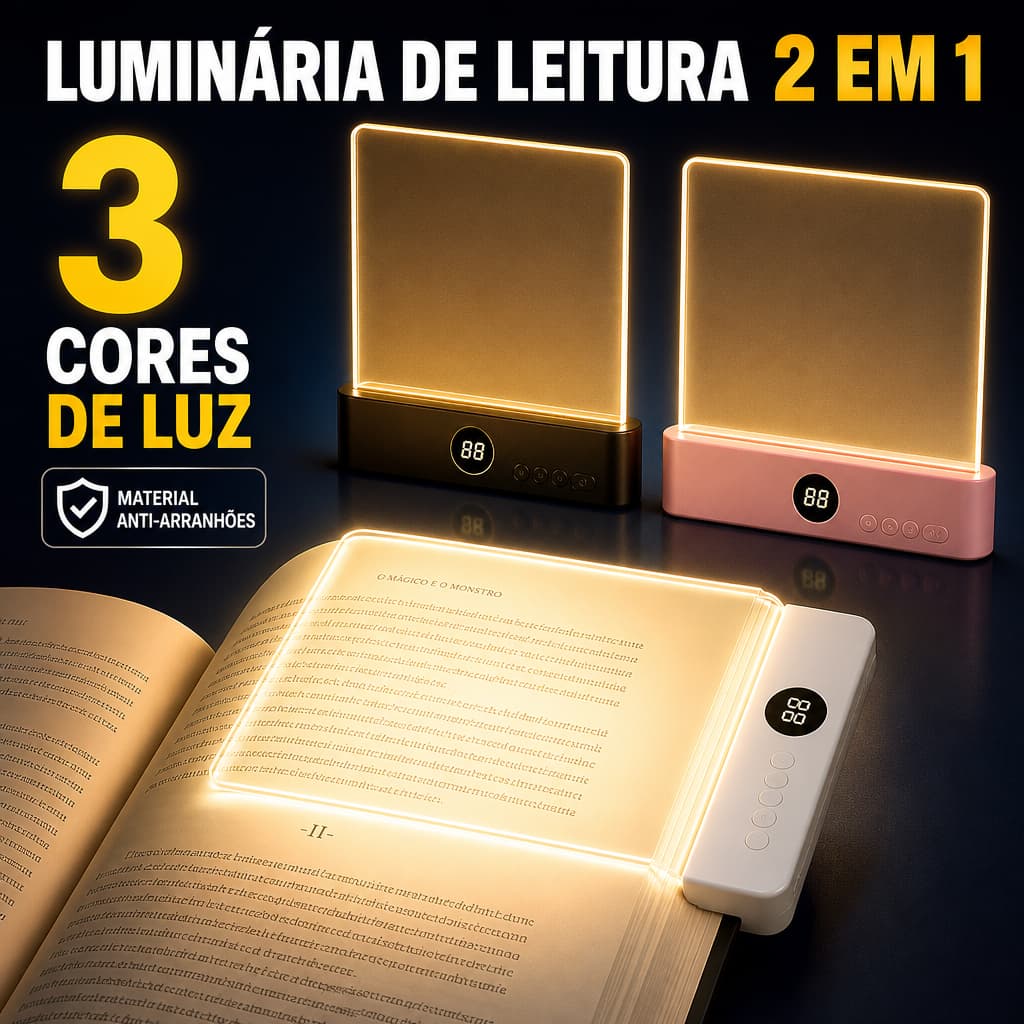 2 em 1 Lâmpada de Livro LED com Painel Plano, USB Recarregável, Proteção para os Olhos e Luz de Leitura Noturna