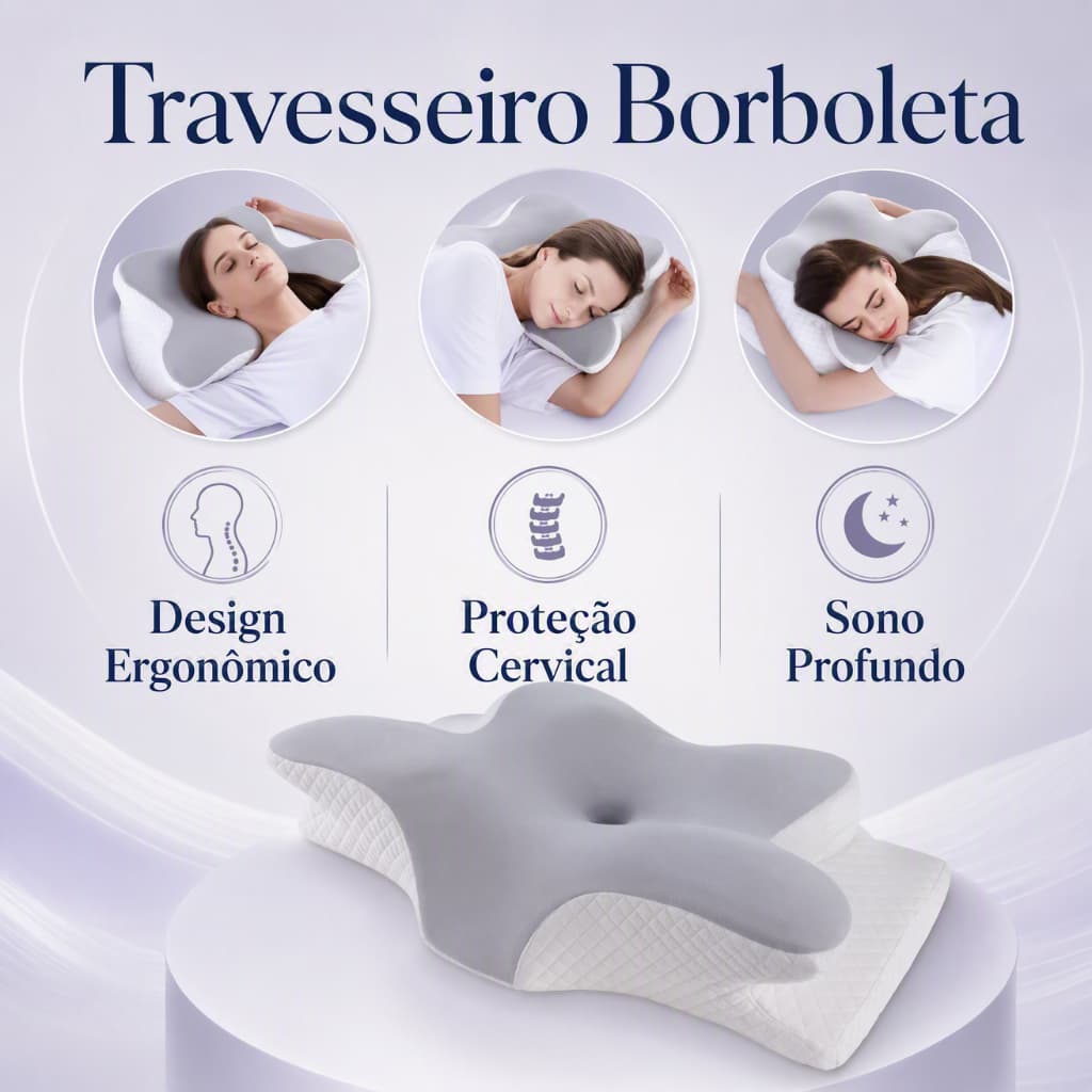 Travesseiro Ortopédico Cervical Borboleta Espuma de Memória Ergonômico para Dor no Pescoço Ombros