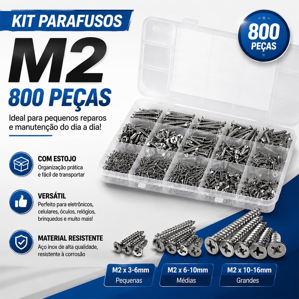 Kit 800 Peças Parafusos M2 Com Organizador – Multiuso