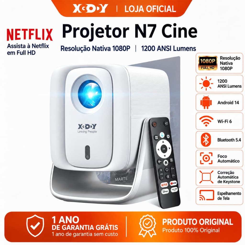[Mais Vendido] Projetor XGODY N7 1200 ANSI Portátil, Estabilização Anti-Tremor, Google TV 14, Versão Totalmente Atualiza