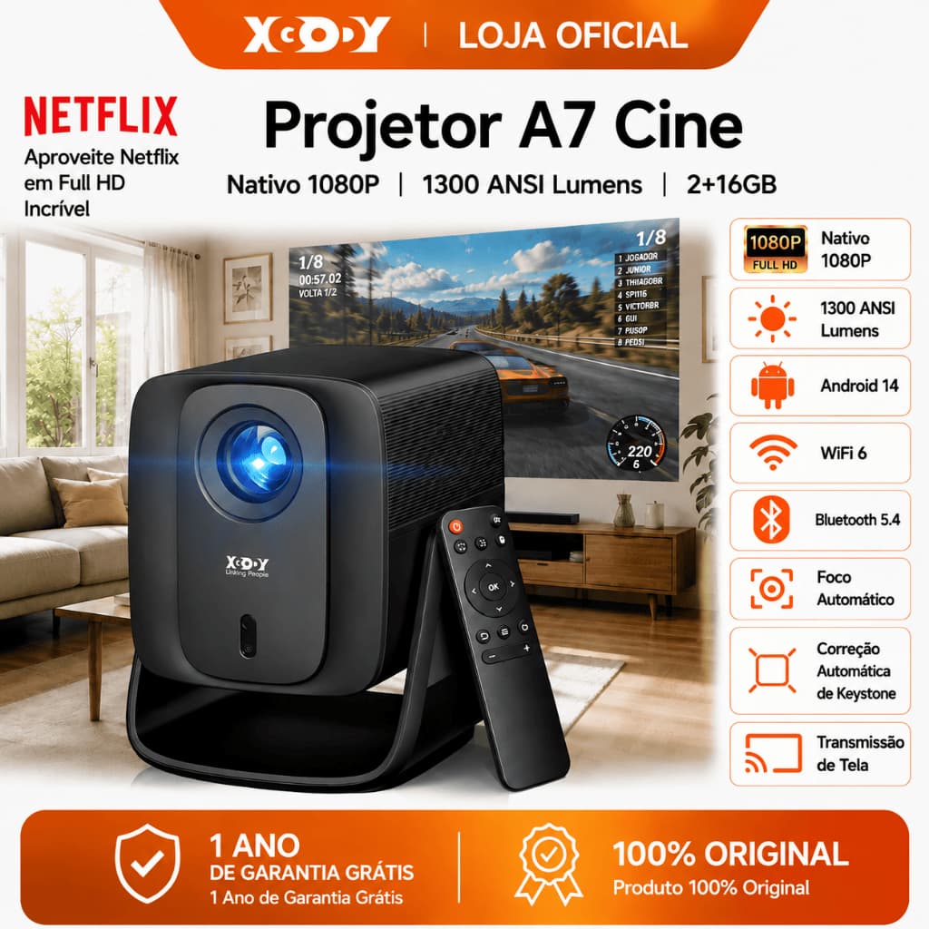 [Mais Vendido] Projetor XGODY A7 Ultra 1300 ANSI, 2GB+16GB, Android 14, Full HD 1080P, Portátil com Estabilização