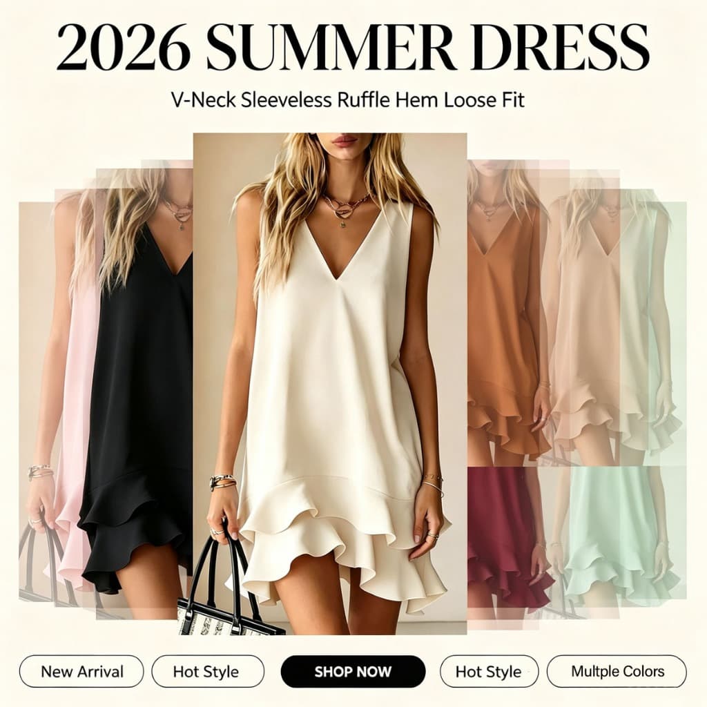 Feminino 2026 Verão Com Decote Em V Sem Mangas Vestido Cor Sólida Solto Ajuste Plissado Bainha A Linha Casual Férias Pra
