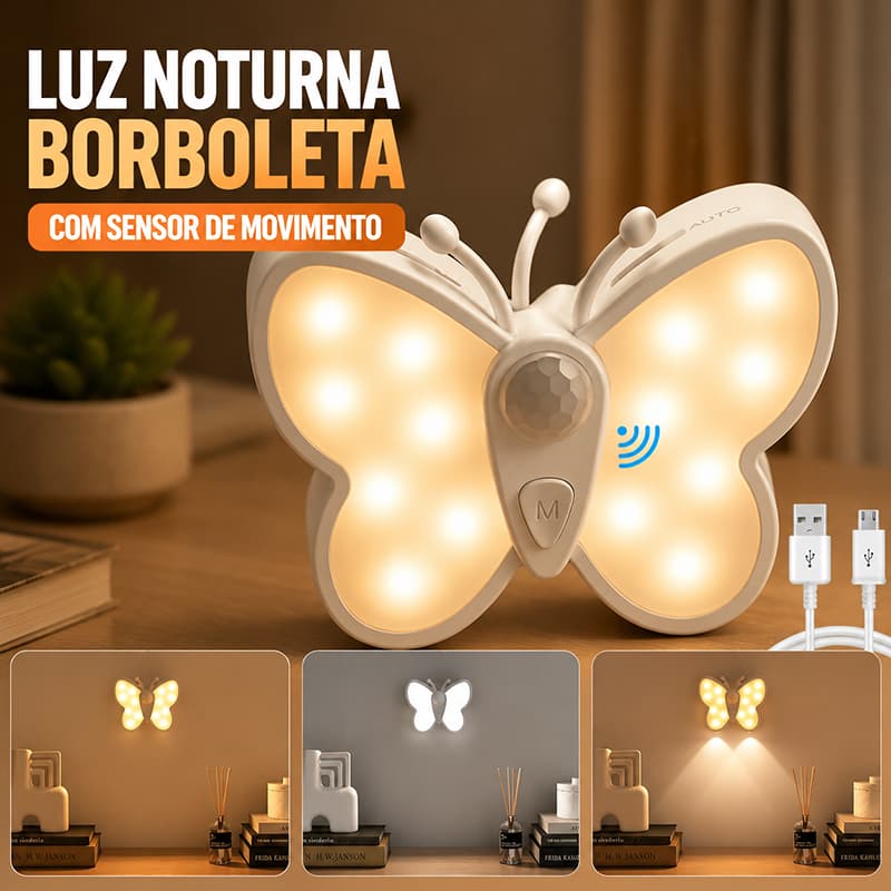 Luminária Arandela Borboleta  LED Parede Luz sensor movimento 3 Tons Luz iluminação interna USB