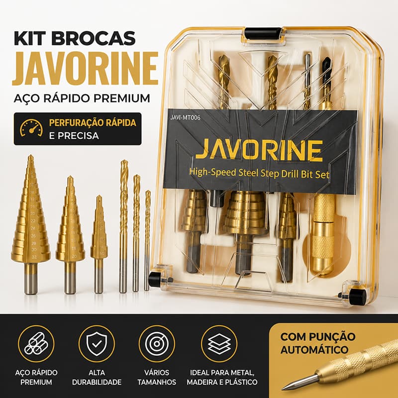 Kit 7 Brocas Titânio Escalonada Amarela Aço e Broca Corte Lateral Marcador Punção C/Estojo Organizador
