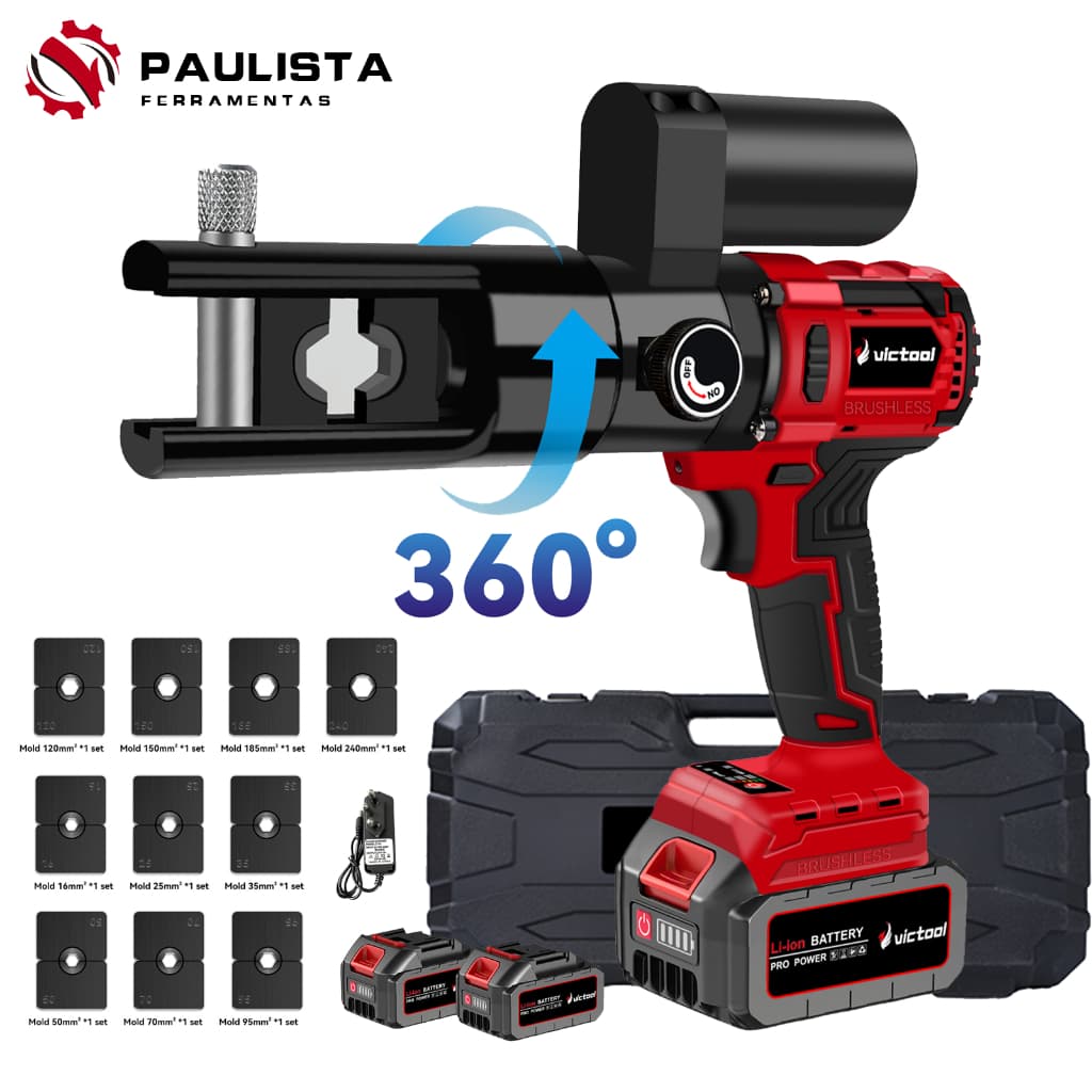 Alicate hidráulico elétrico profissional de 6 a 240 mm², 2 baterias, Inclui 10 conjuntos de moldes.