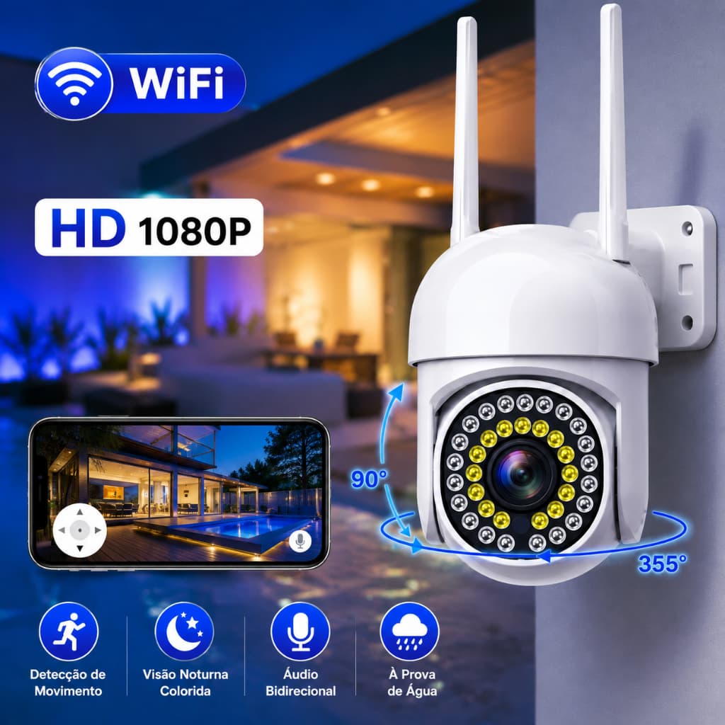 Câmera IP Segurança WiFi HD IP66 À Prova D'água Visão Noturna Alarme 36 LEDs App ZIOT