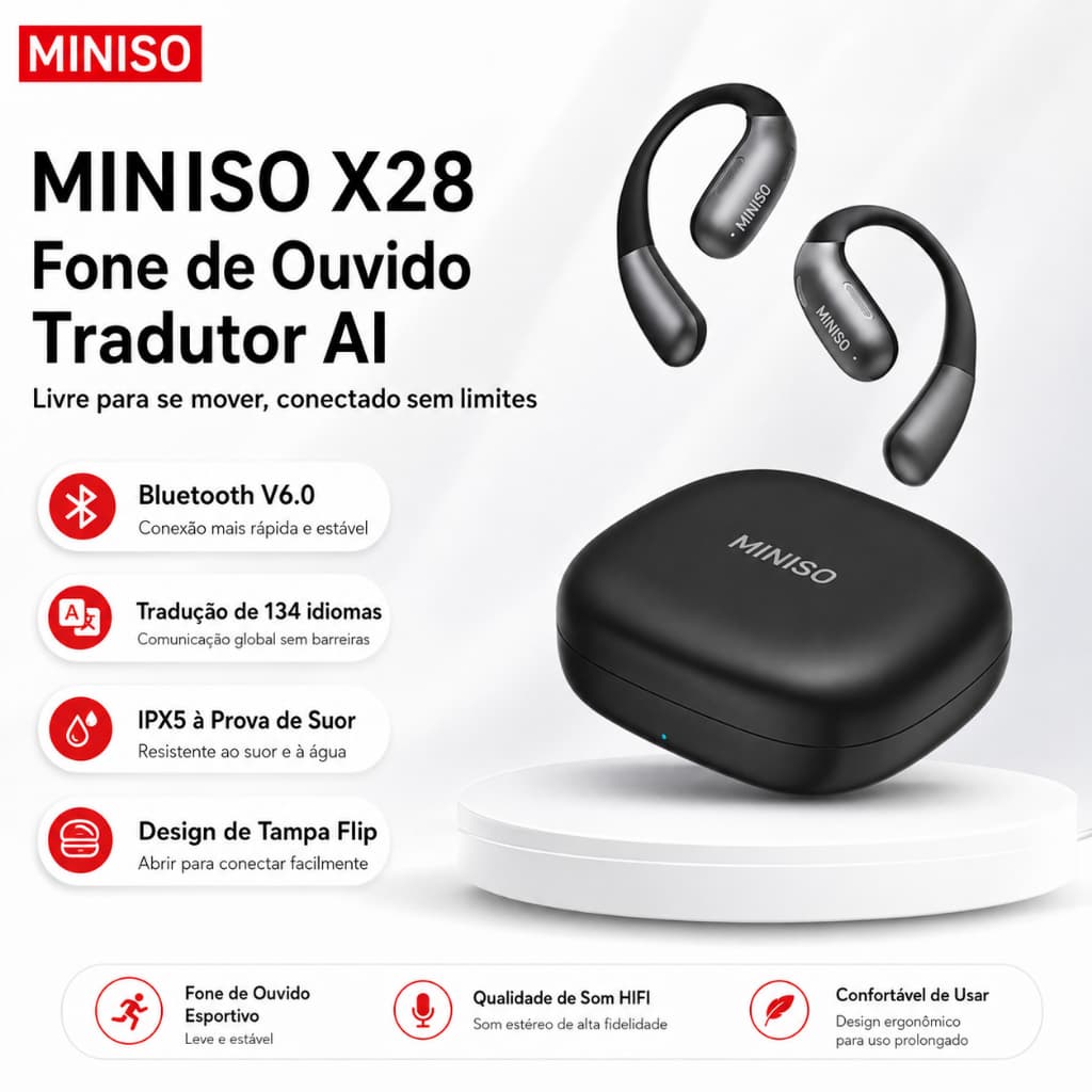 MINISO X28 AI tradução fone de ouvido sem fio Bluetooth V5.4 OWS TWS suporte tradução 134 idiomas estrangeiros IPX5