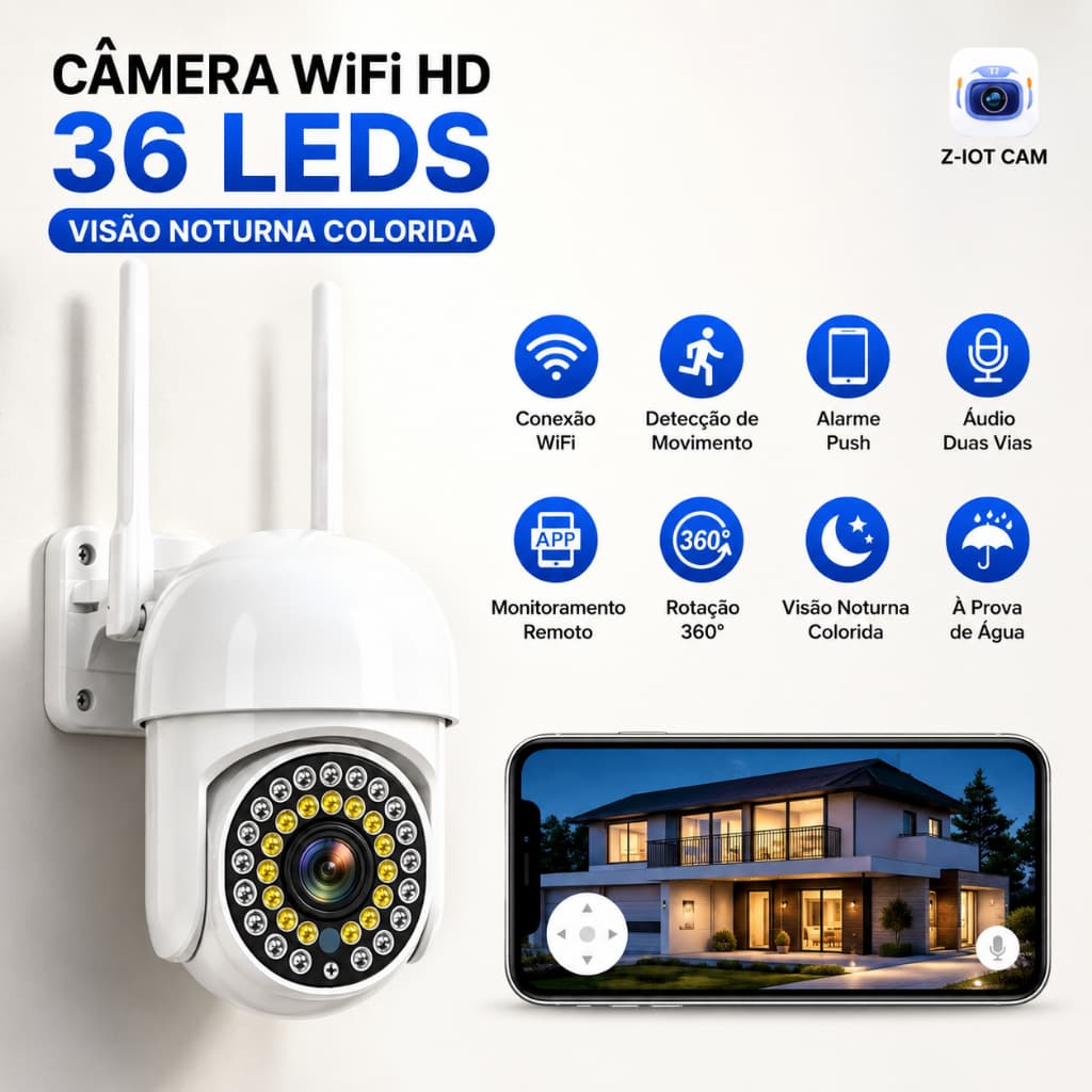 Câmera de Segurança WiFi HD IP66 À Prova D'água Visão Noturna Infravermelho Alarme Detecção Movimento 36 LEDs App ZIOT