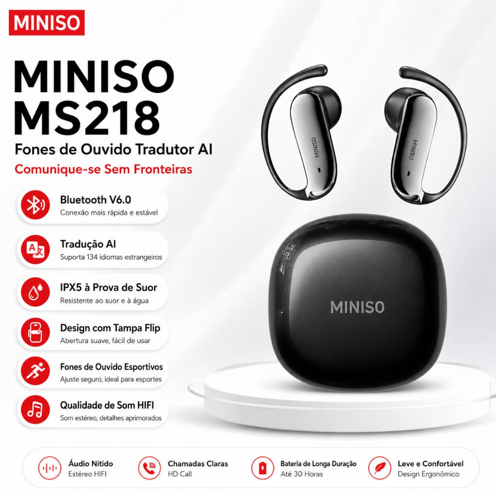 Fone de ouvido MINISO MS218 AI Tradução OWS Open Bluetooth V6.0 Suporte para tradução em 135 idiomas, nível IPX5 à prova