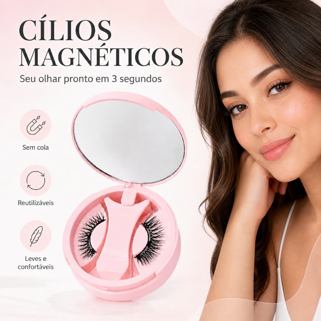 Kit de Cílios Postiços Magnéticos Efeito Natural com Espelho e Aplicador