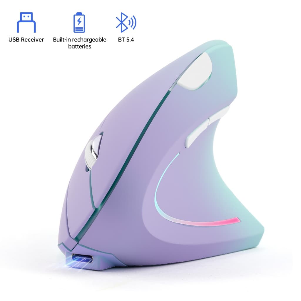 Mouse Ergonômico Vertical RGB 2.4G Bluetooth Modo Duplo Silencioso Sem Fio Recarregável Roxo Para Laptop PC Escritório