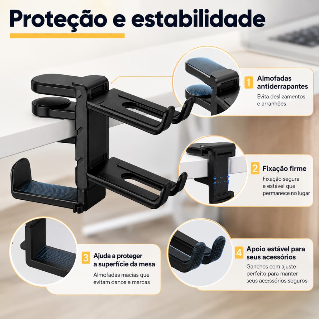 Gancho Duplo para Controle e Fone de Ouvido, Suporte de Mesa Ajustável, Rotação 360°, Ideal para Gamers
