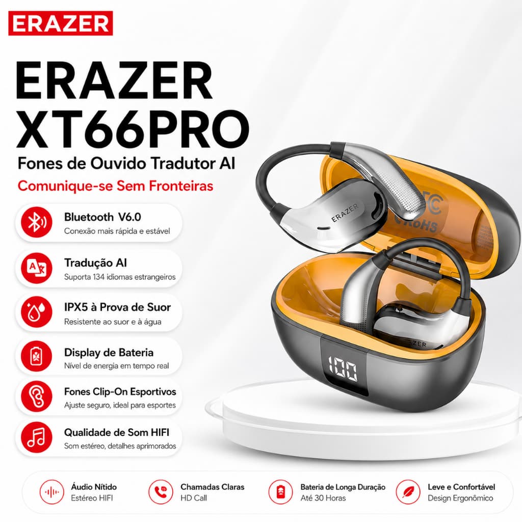 Lenovo ERAZER XT66PRO fone de ouvido sem fio Bluetooth V5.4 AI tradução fone de ouvido pendurado fone de ouvido OWS