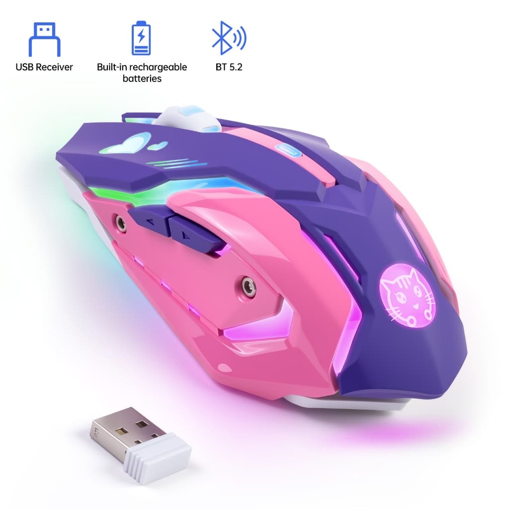 Mouse Para Jogos Sem Fio RGB Modo Duplo 2.4G Bluetooth 7 Teclas Ratos Recarregáveis Silenciosos Type C Luz Respiratória