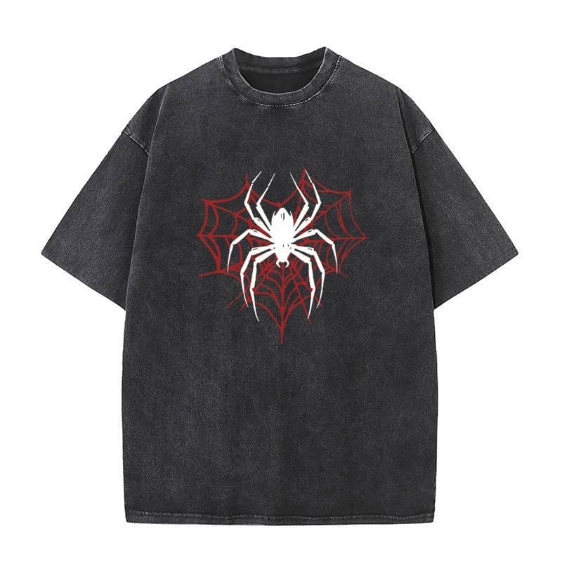 Vintage Lavado Preto Camiseta Masculina Gótico Teia De Aranha Impressão Gráfica Oversized Manga Curta Streetwear Casual