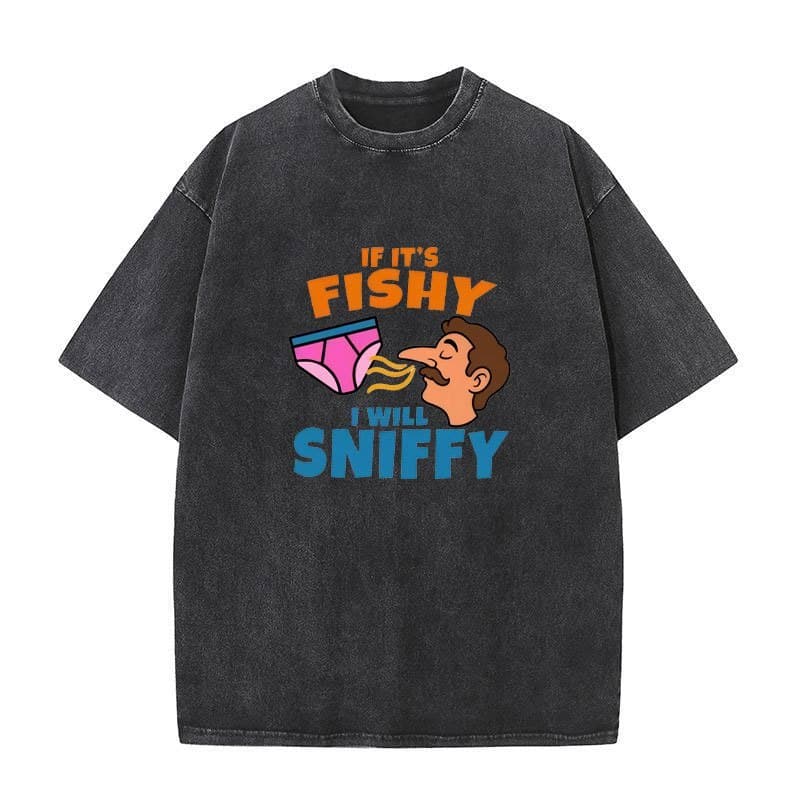 Camiseta Preta Lavada Vintage Masculina Engraçada " Se É Peixe Eu Vou Cheirar " Meme Estampa Gráfica De Desenho Animado