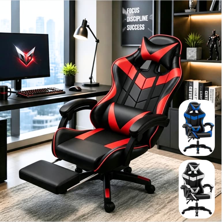 Cadeira Gamer Jogos e Escritório Reclinável Ergonômica Em Couro Pu Com Apoio Para Pés Confortável