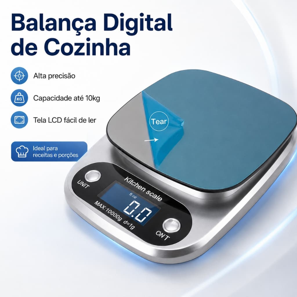 Balança Digital de Cozinha 10kg 1g Aço Inoxidável Painel para Alimentos e Comida com Precisão